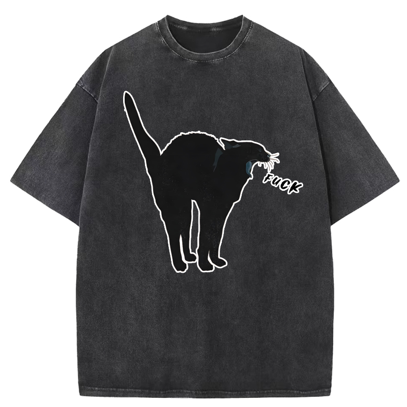 Unisex A Cat Yelling Fuck Print Washed T-Shirt