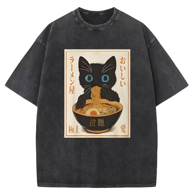 Vintage Cat Eating Ramen Washed T-Shirt