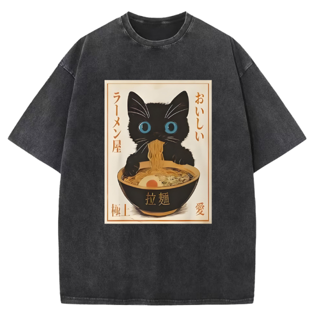  Vintage Cat Eating Ramen Washed T-Shirt