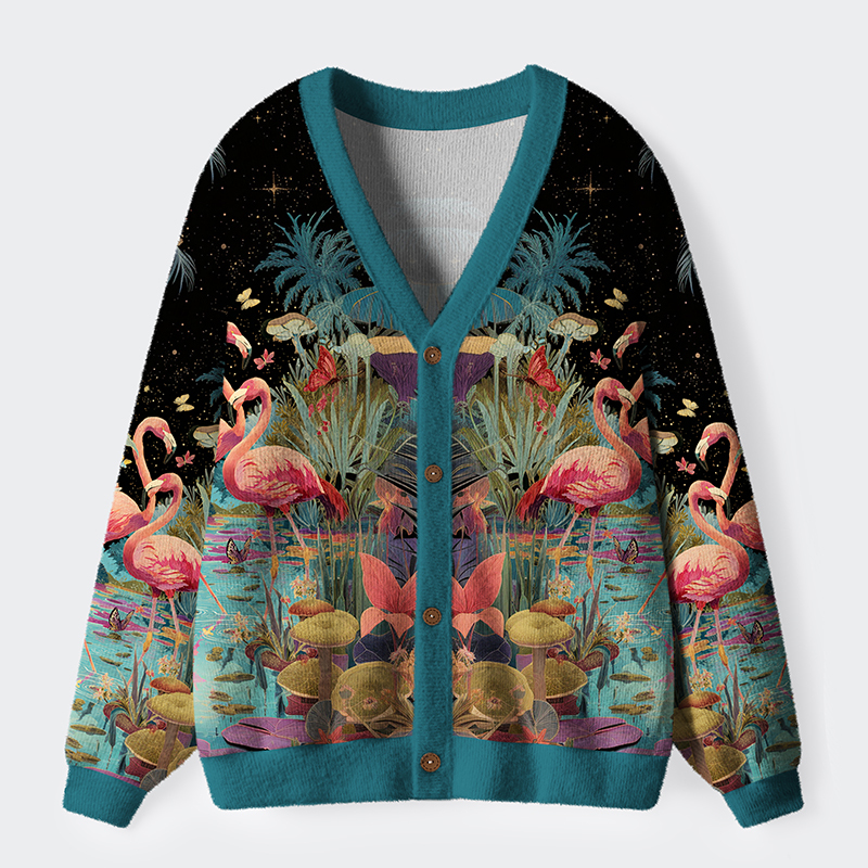 Unisex Midnight Flamingo Waltz Ugly Cardigan Sweater