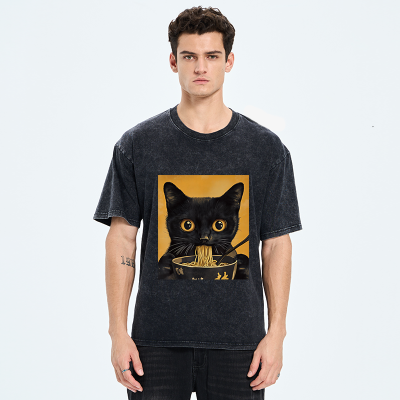 Unisex Cute Black Cat Eating A Big Bowl Of Ramen Washed T-Shirt