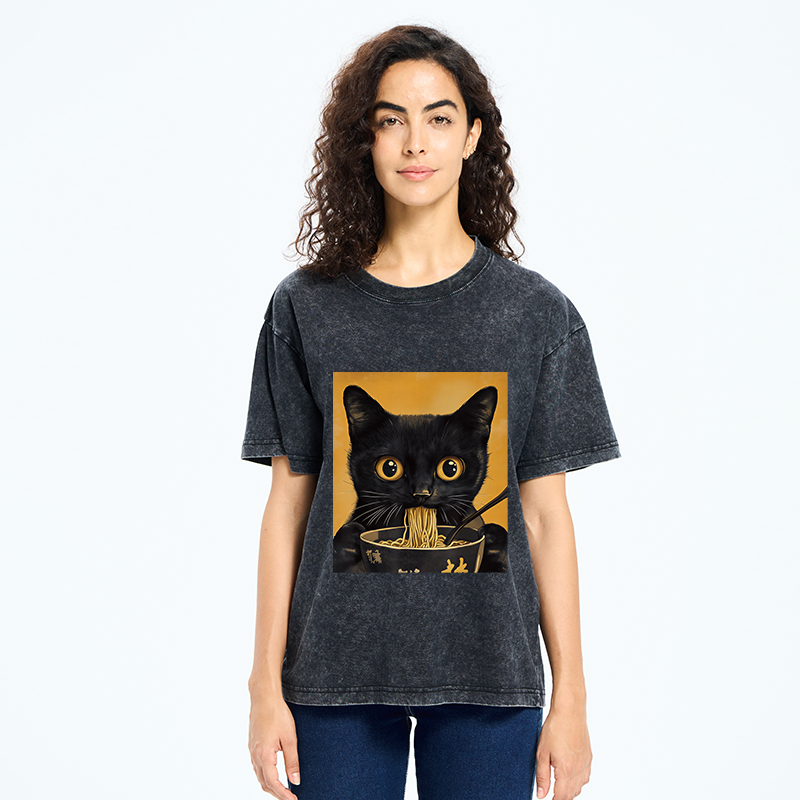 Unisex Cute Black Cat Eating A Big Bowl Of Ramen Washed T-Shirt