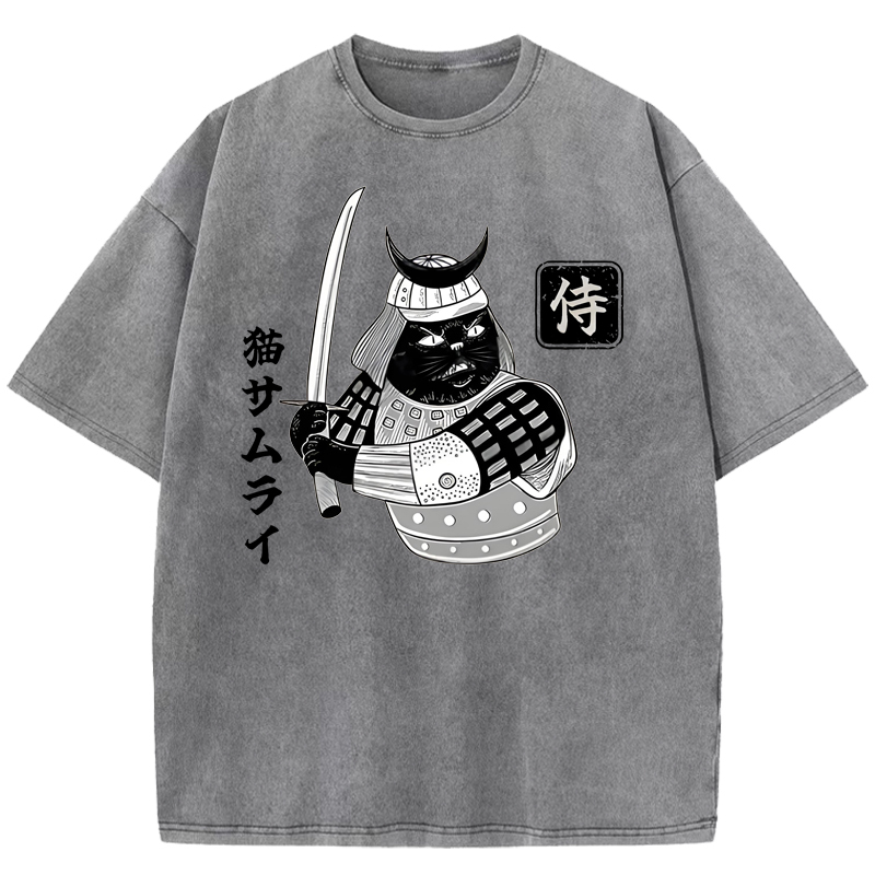 Cat Samurai With Sword Washed T-Shirt