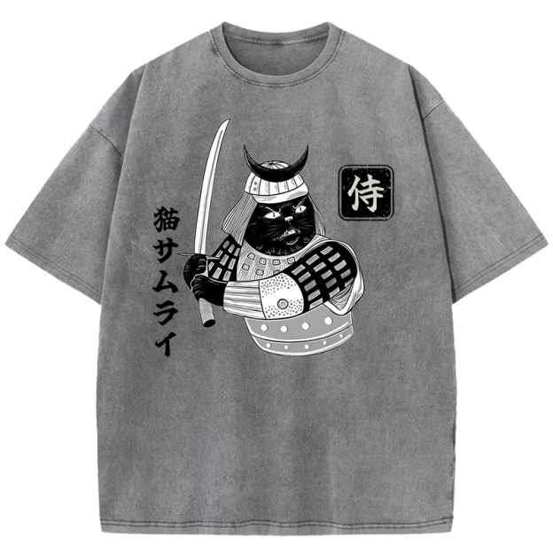  Cat Samurai With Sword Washed T-Shirt