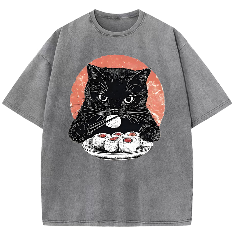 Cat Eating Delicious Sushi Washed T-Shirt