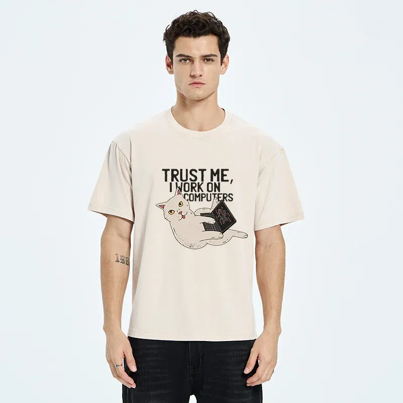 Cat At Work Washed T-Shirt