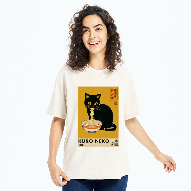 Unisex Kuro Neko Ramen Washed T-Shirt