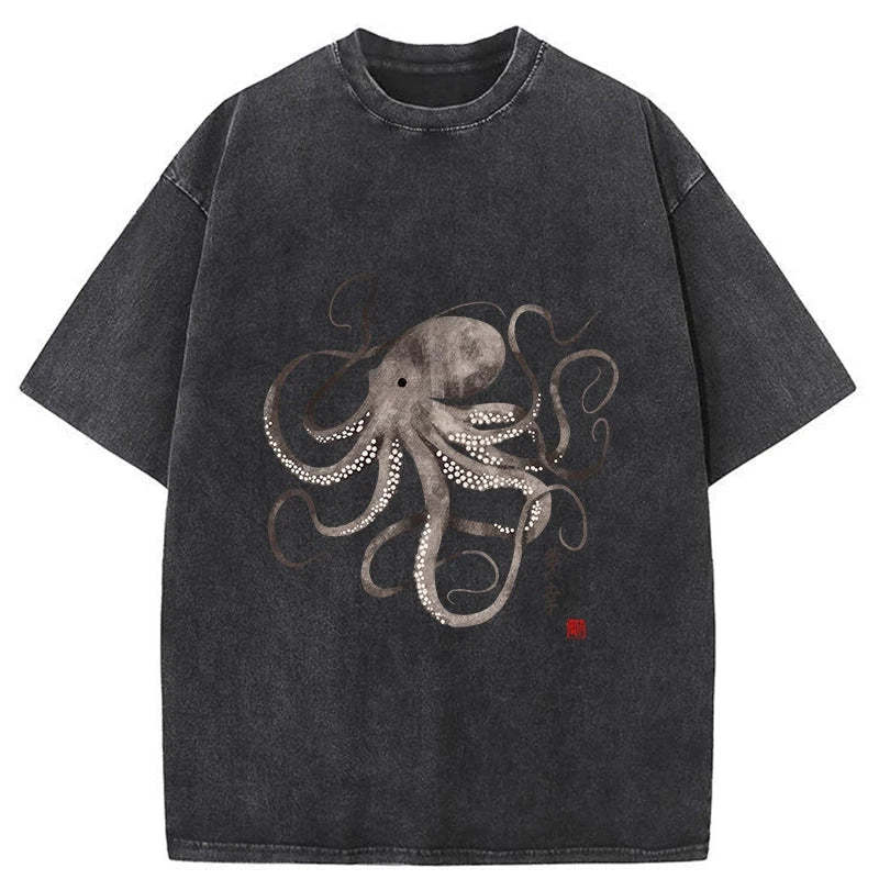 Octopus Japanese Calligraphy Washed T-Shirt