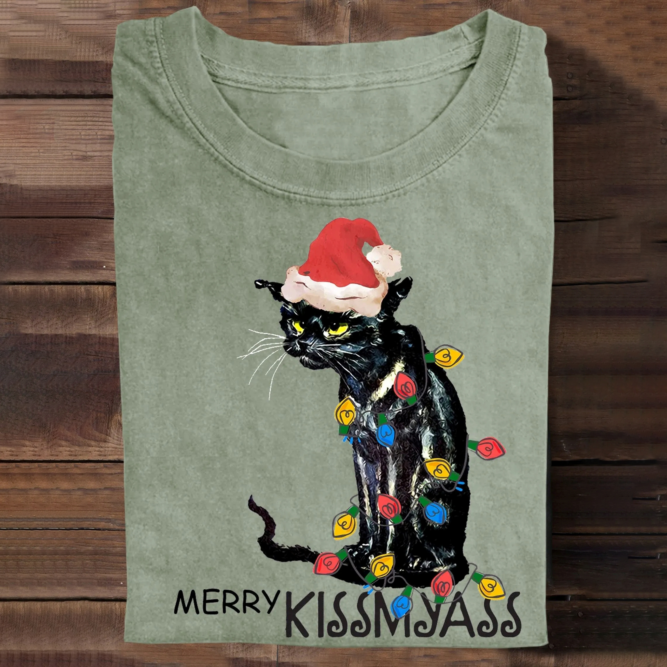 Merry Kissmyass Funny Cat Christmas LightsT-shirt