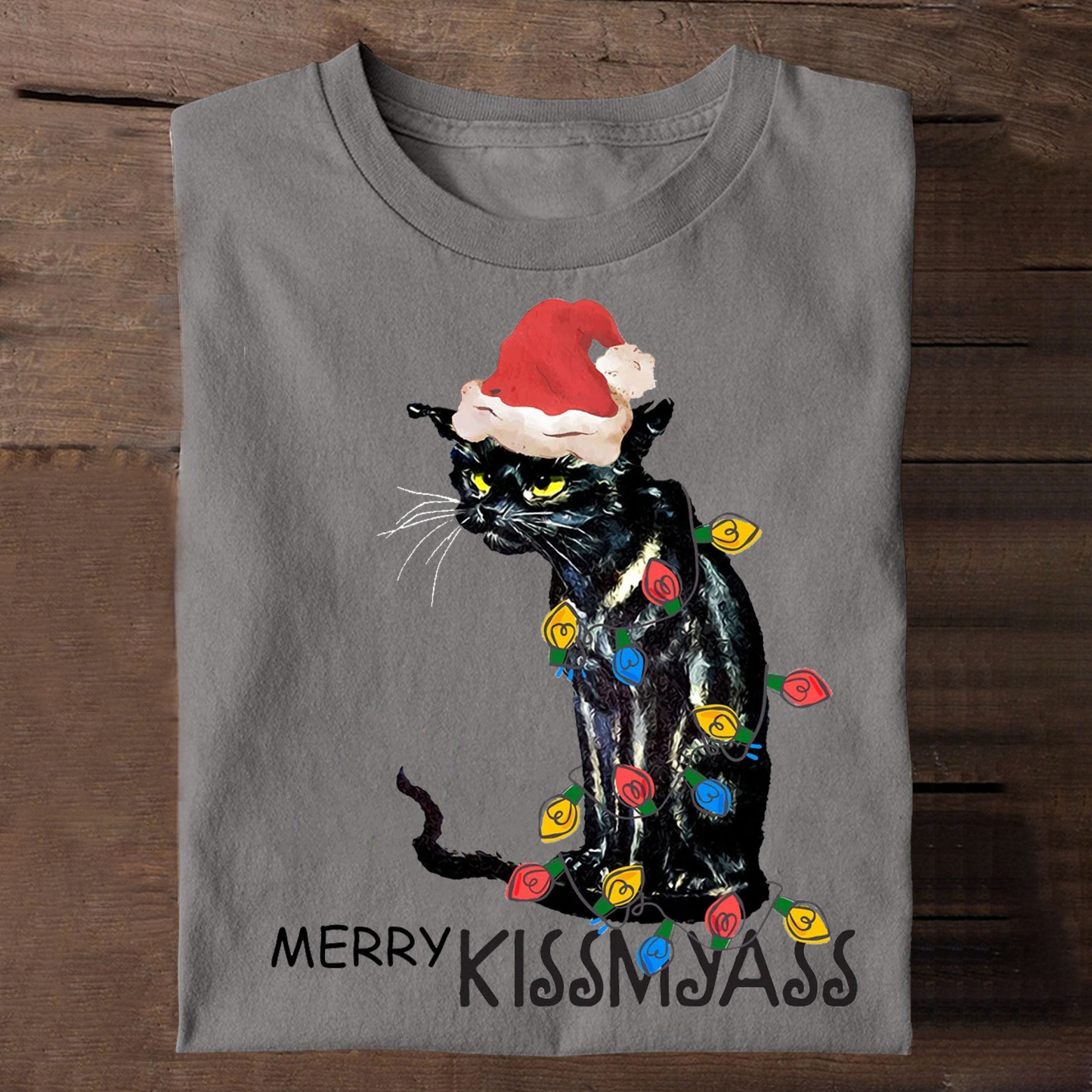 Merry Kissmyass Funny Cat Christmas LightsT-shirt