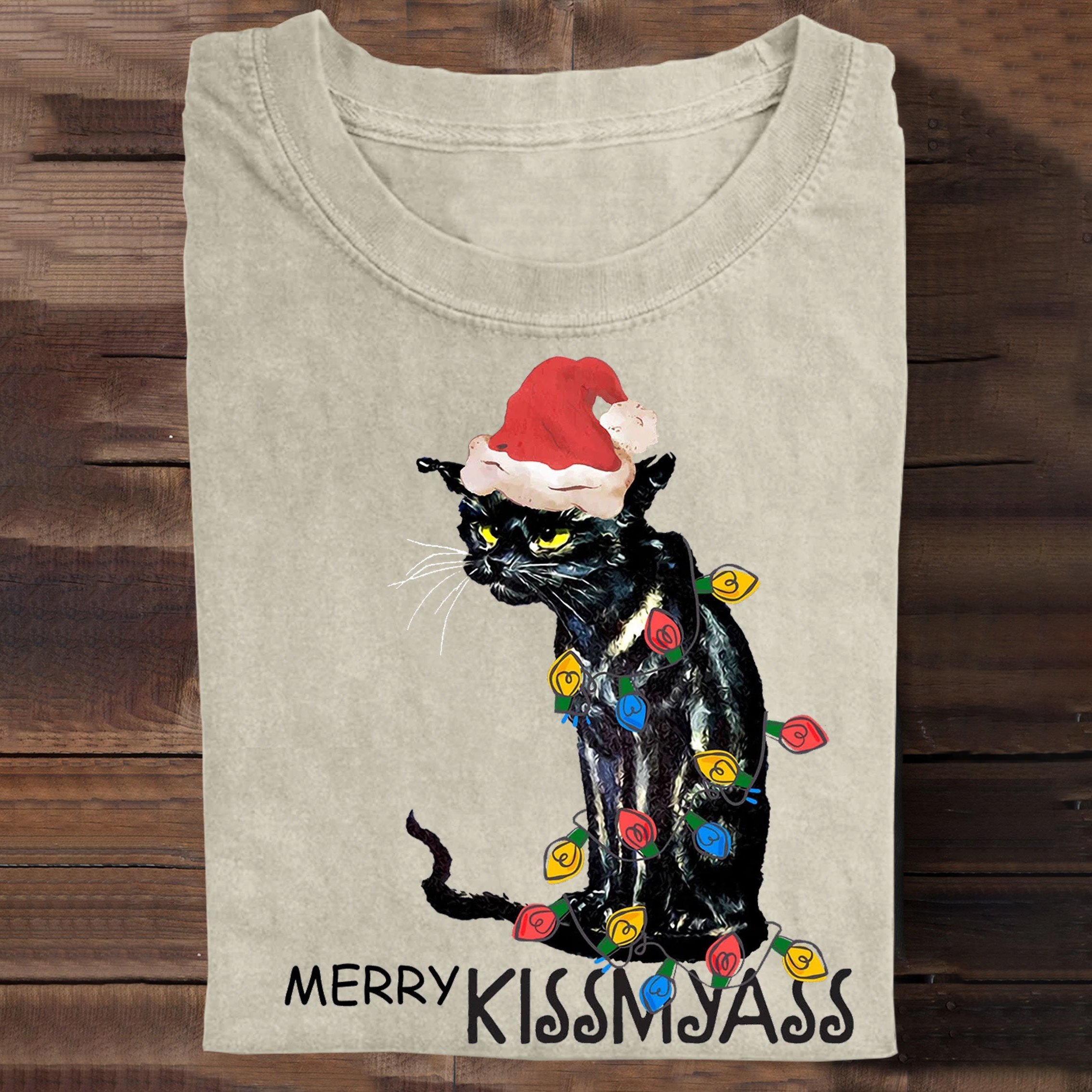 Merry Kissmyass Funny Cat Christmas LightsT-shirt