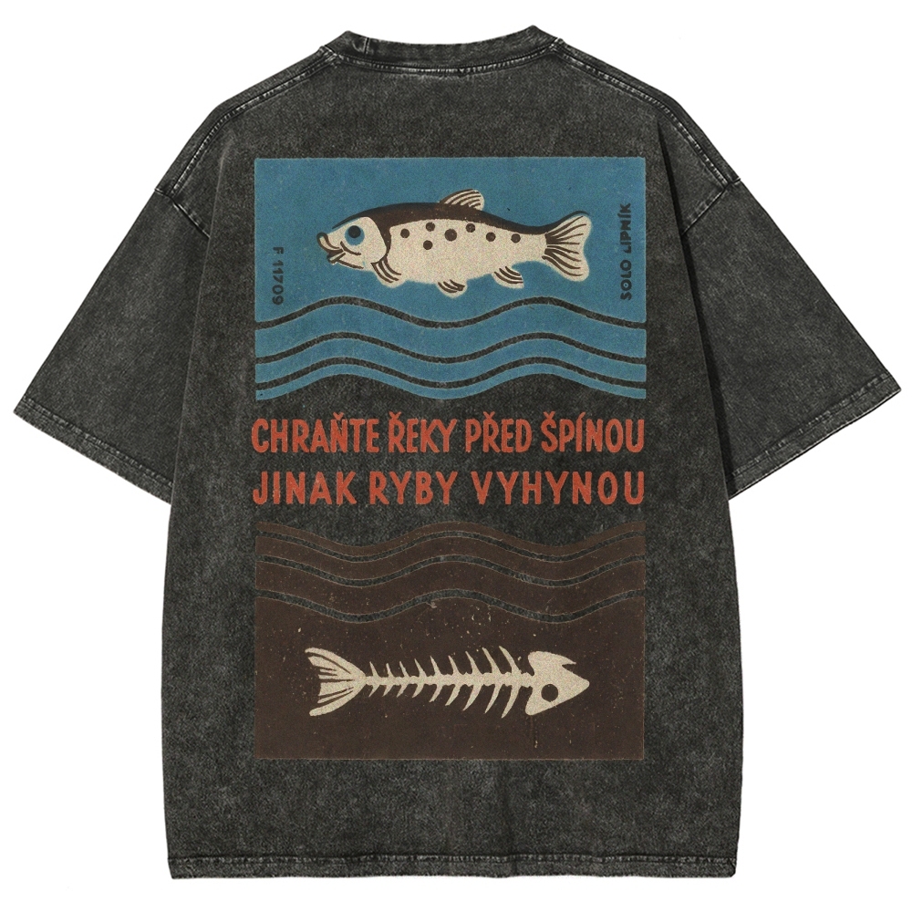 Fish And Fish Bone Washed Vintage Short Sleeves T-Shirt