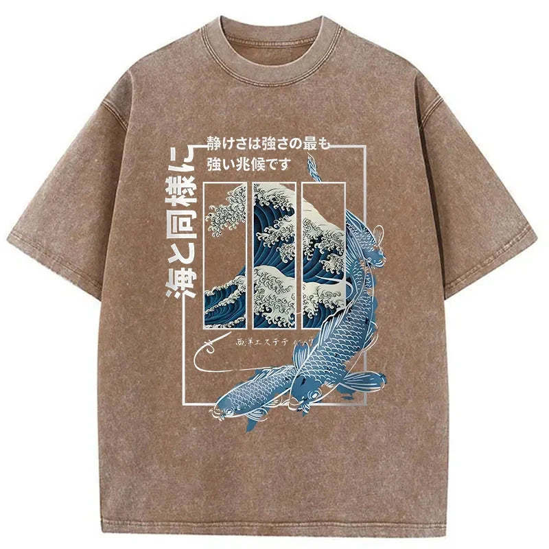 Ukiyoe Waves And Fish Washed T-Shirt