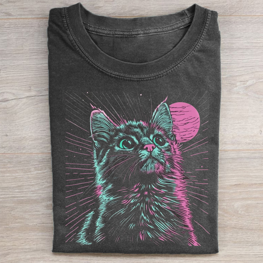 Unisex Psychedelic Cat Printed Washed T-shirt