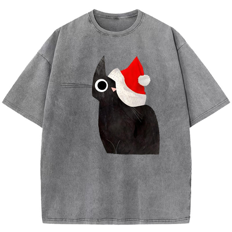 Black Cat and Santa Hat Washed T-Shirt