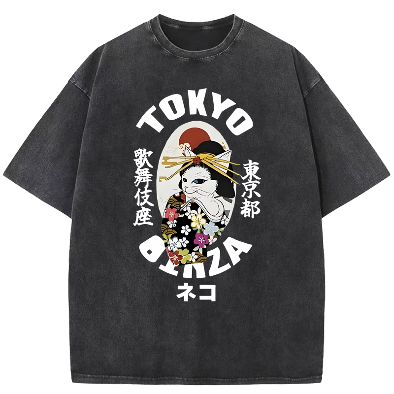 Geisha Cat Japan Washed T-Shirt