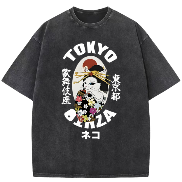  Geisha Cat Japan Washed T-Shirt