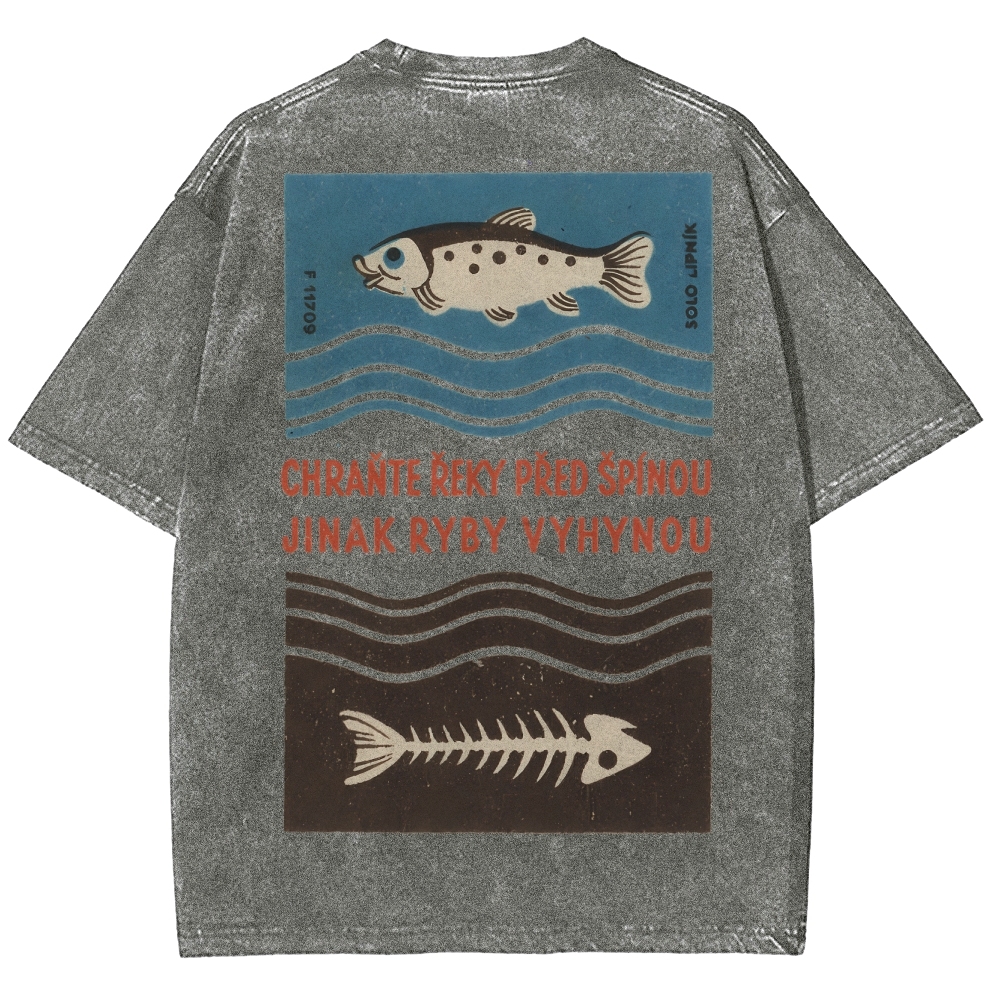 Fish And Fish Bone Washed Vintage Short Sleeves T-Shirt