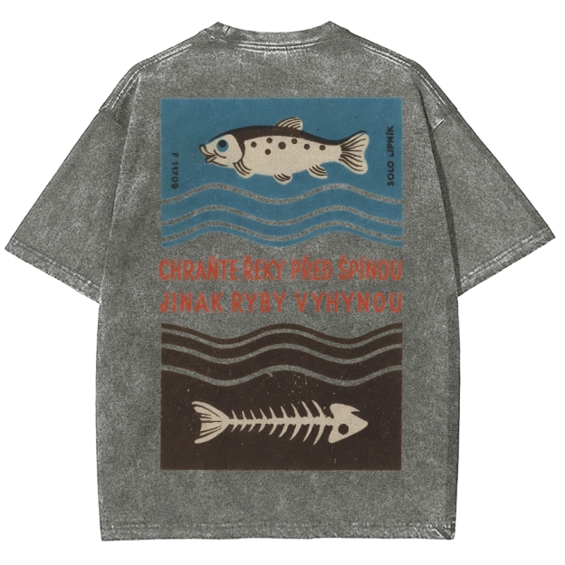 Fish And Fish Bone Washed Vintage Short Sleeves T-Shirt
