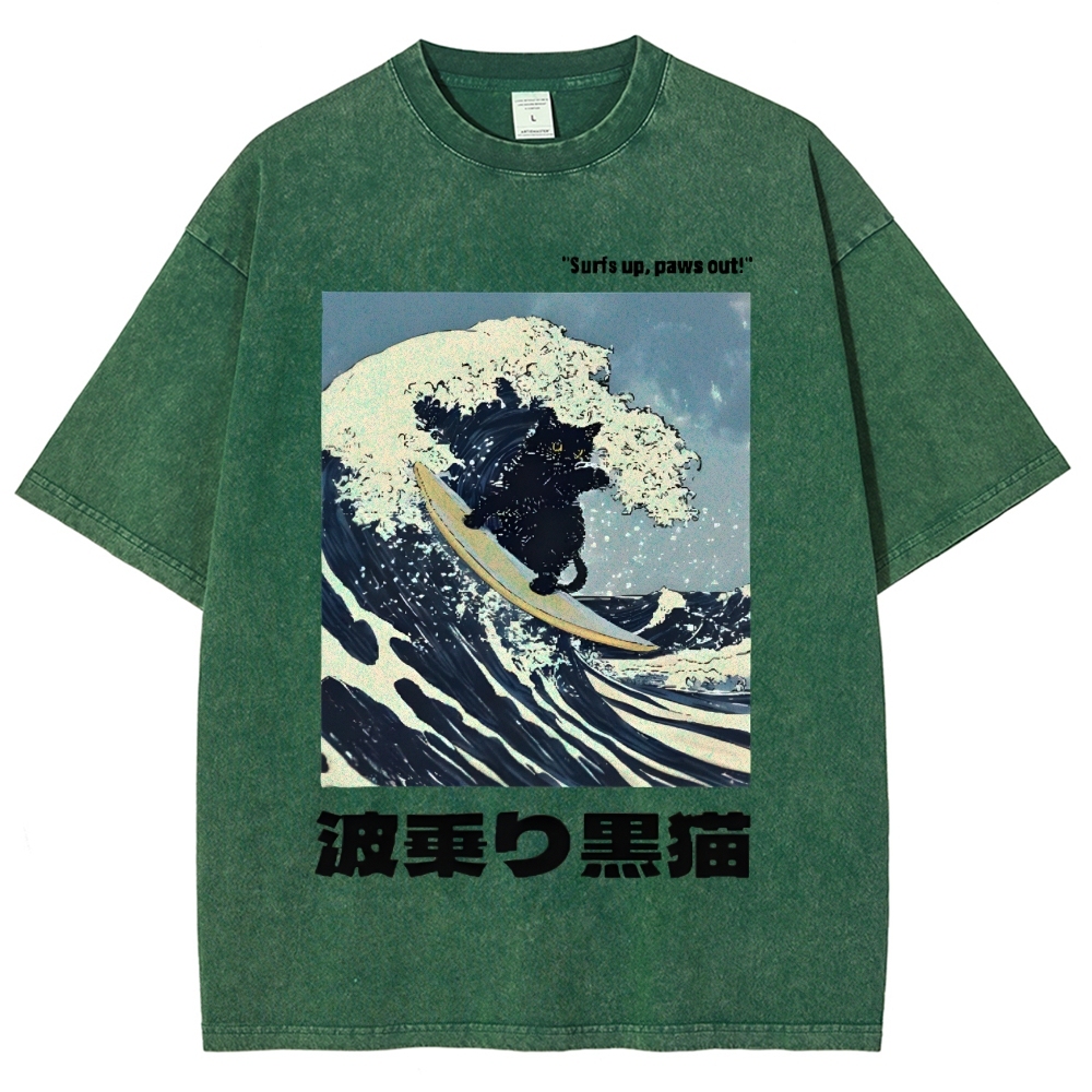 Black Cat Great Wave Vintage Wash Japanese Design T-Shirt