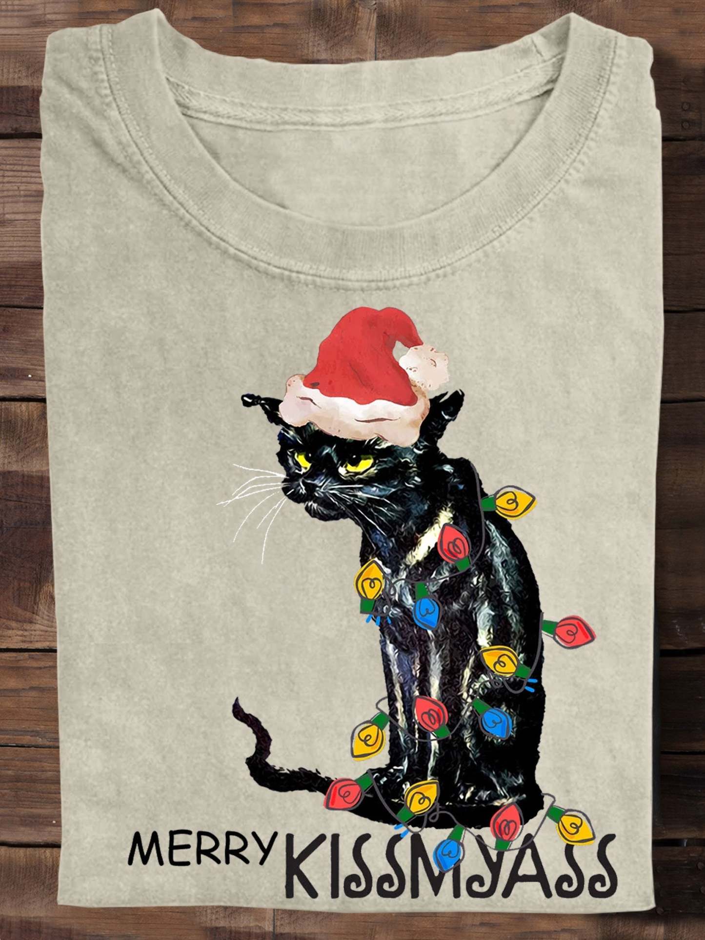 Merry Kissmyass Funny Cat Christmas LightsT-shirt