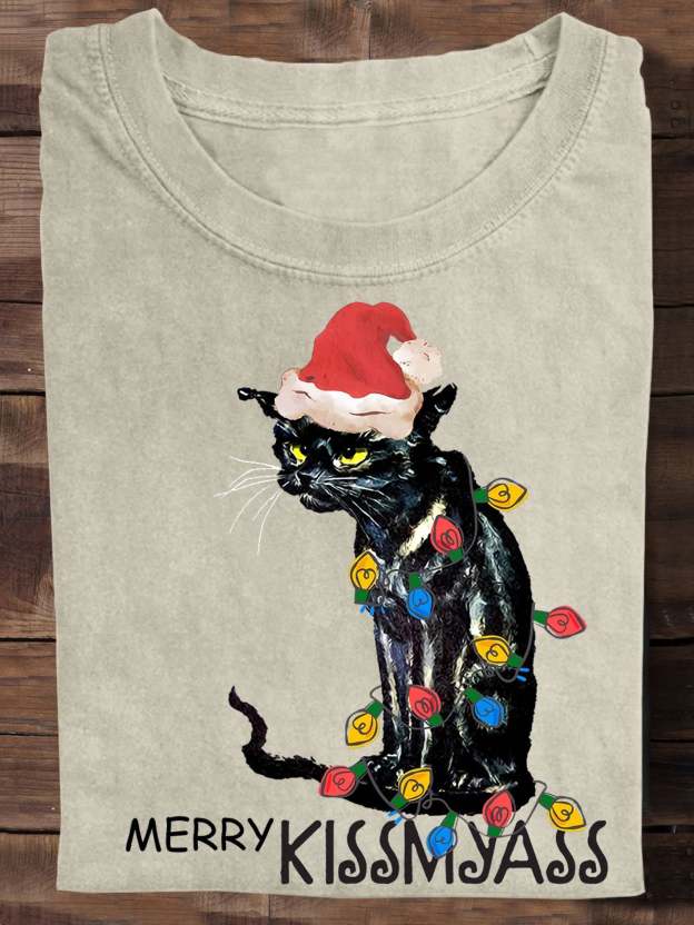 Merry Kissmyass Funny Cat Christmas LightsT-shirt