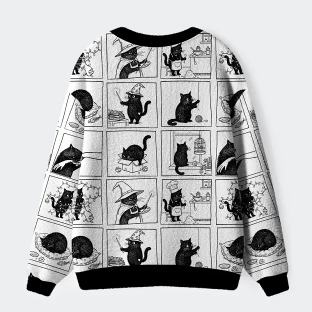 Unisex Black Cat Comics Ugly Cardigan Sweater