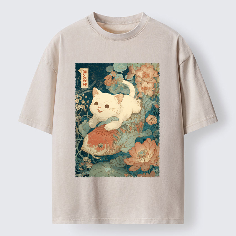 Unisex Cat And Koi Washed T-Shirt