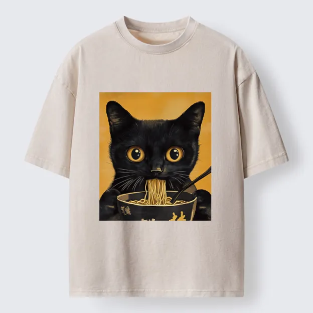 Unisex Cute Black Cat Eating A Big Bowl Of Ramen Washed T-Shirt