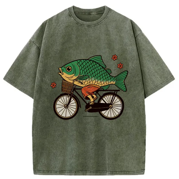 Funny Fish Riding A Bicycle Washed T-Shirt