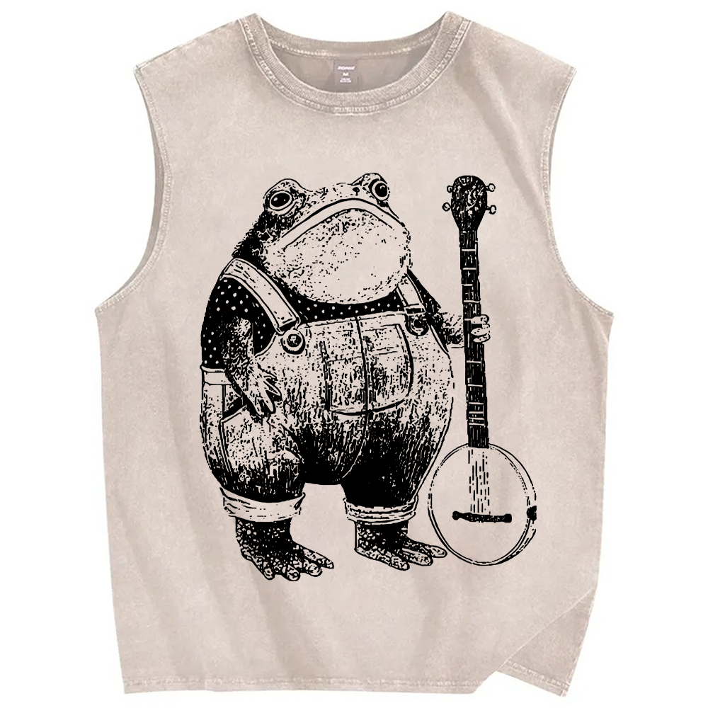 Unisex Vintage Frog Printed Washed Tank Top