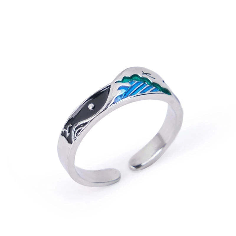 The Great Wave Off Birds Men Couple Ring