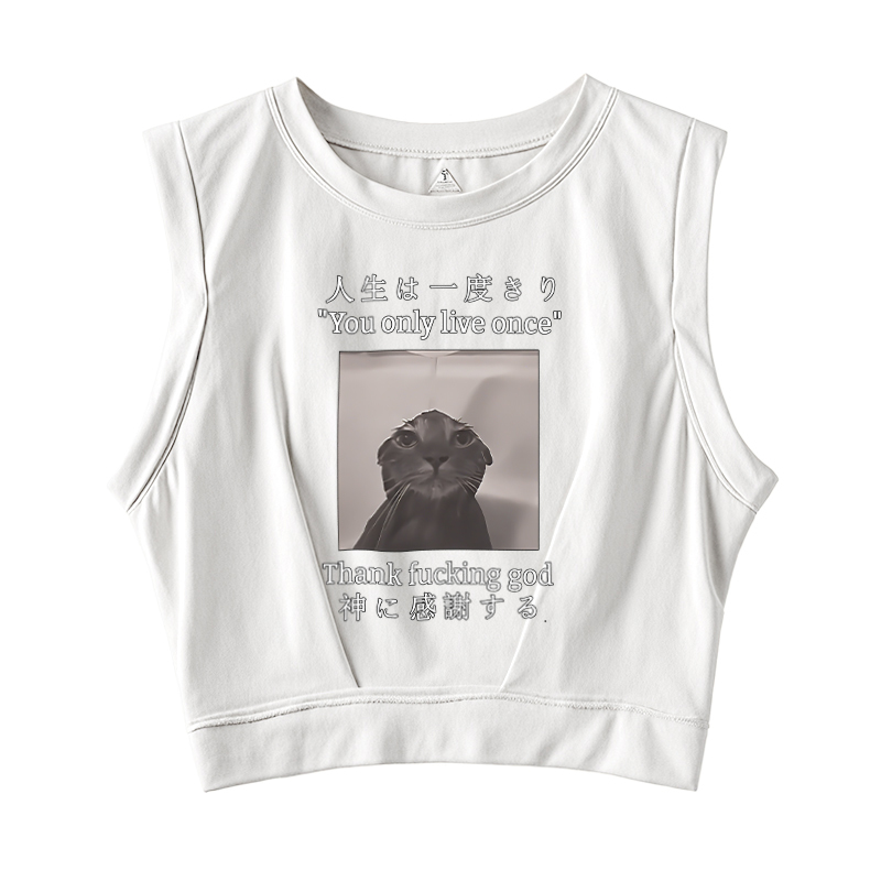 Funny Melancholy Cat Sleeveless Crop Top
