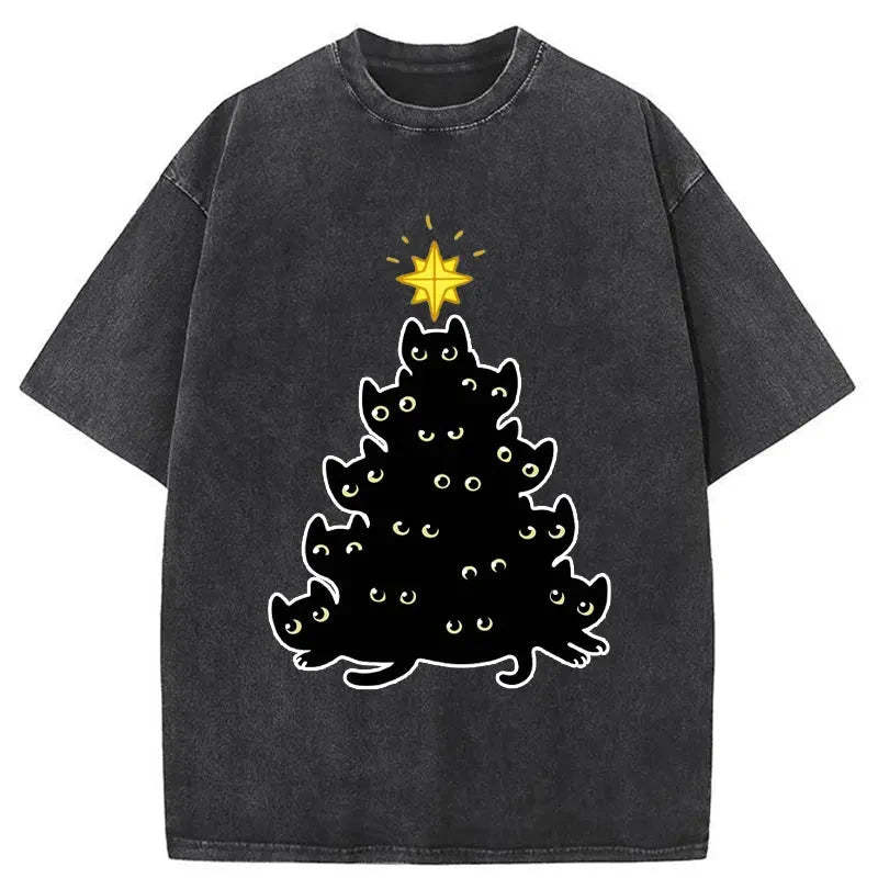 Black Cat Christmas Tree Washed T-Shirt