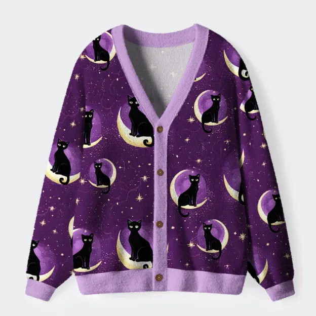 Unisex Moon And Cat Ugly Cardigan Sweater