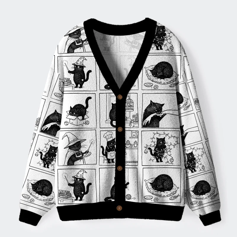Unisex Black Cat Comics Ugly Cardigan Sweater