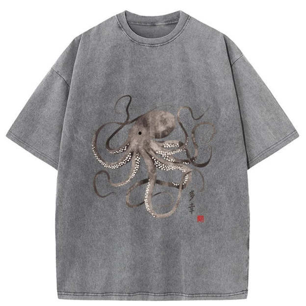 Octopus Japanese Calligraphy Washed T-Shirt
