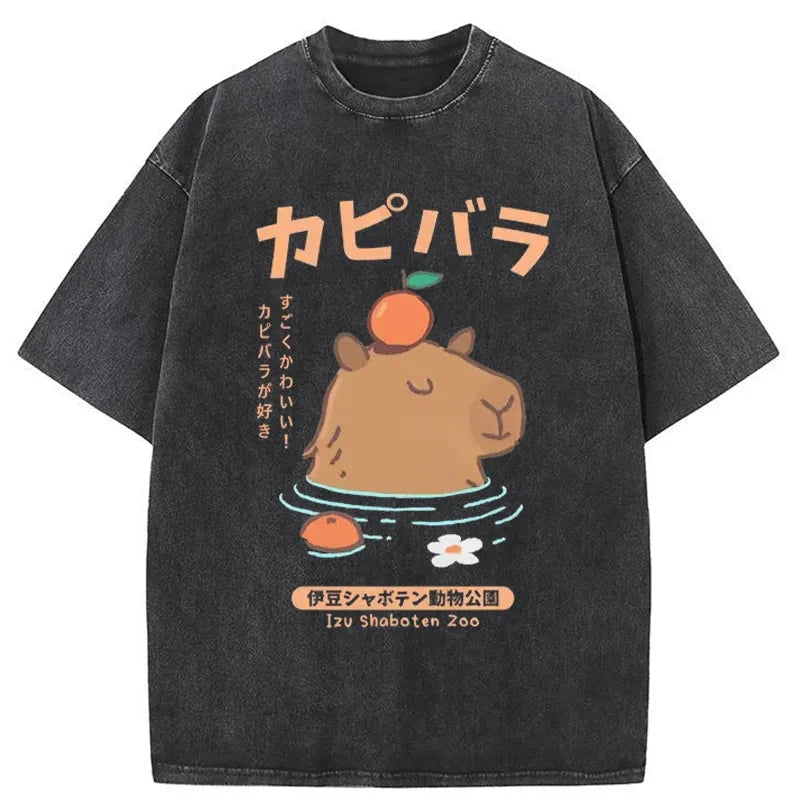Capybara Soaking In Hot Springs Washed T-Shirt