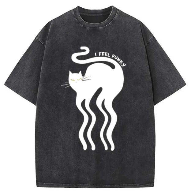 Wave Funny Cat Washed T-Shirt