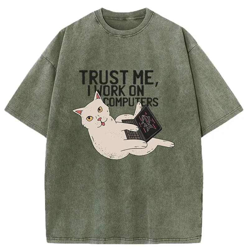 Cat At Work Washed T-Shirt