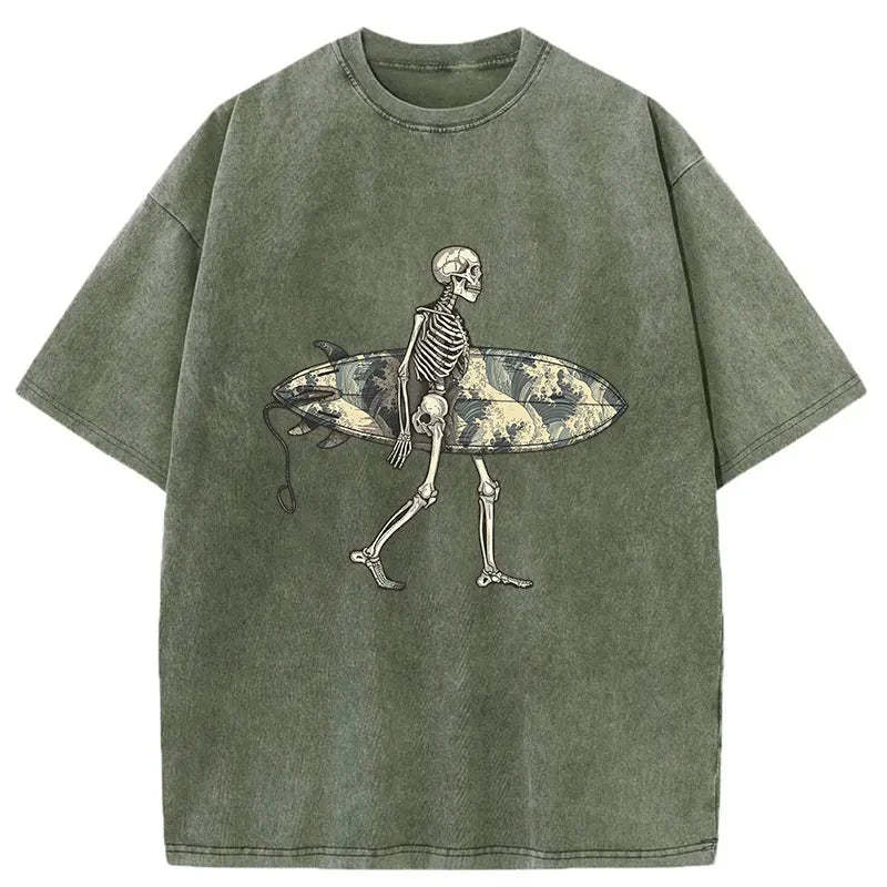 Skeleton Ready To Go Surfing Washed T-Shirt