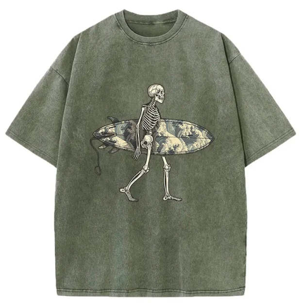 Skeleton Ready To Go Surfing Washed T-Shirt