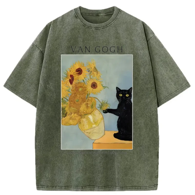 Black Cat With Sunflowers Washed T-Shirt