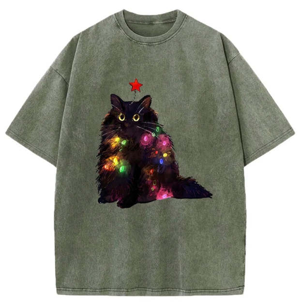 Christmas Lights Cat Washed T-Shirt