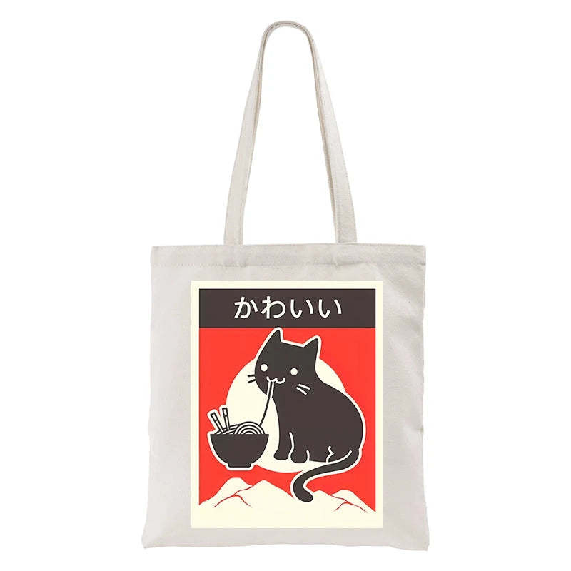  "Kawaii" Vintage Style Japenese Ramen Cat Tote Bag