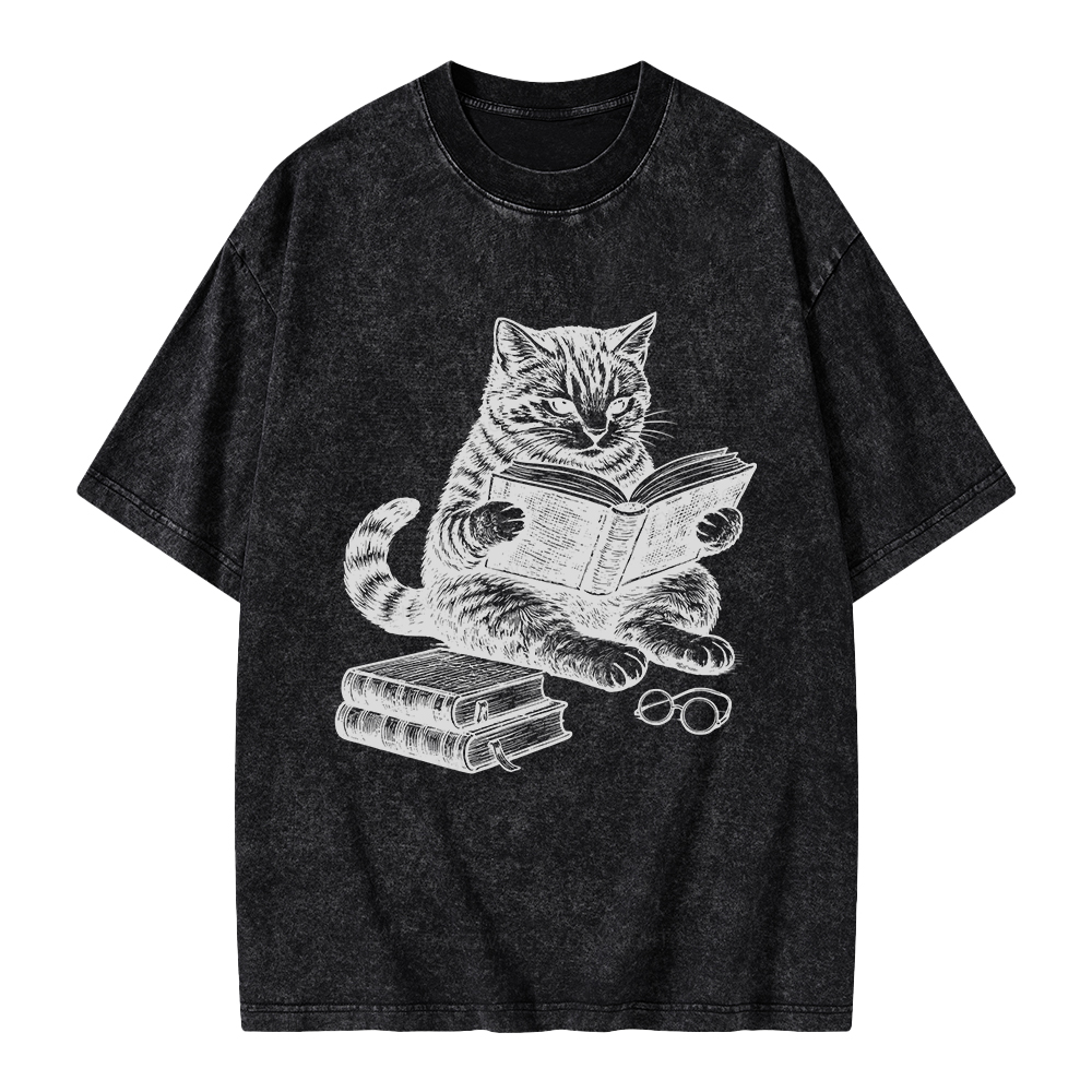 Unisex Cat Reading Book Printed Washed Tee