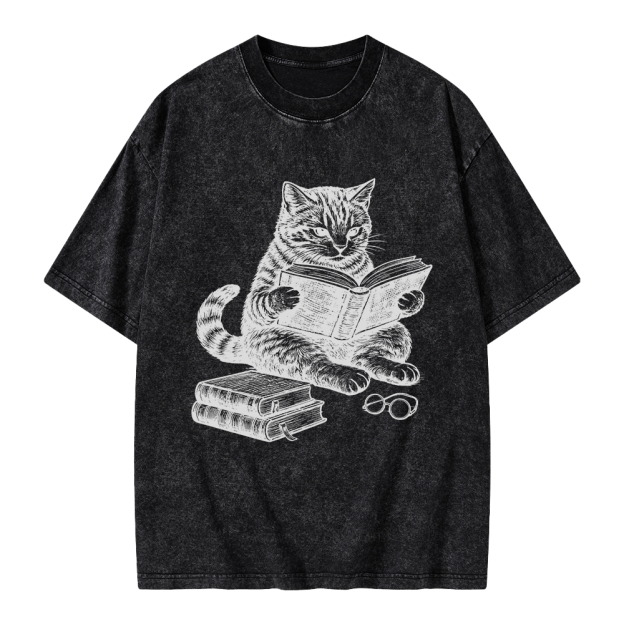 Unisex Cat Reading Book Printed Washed Tee