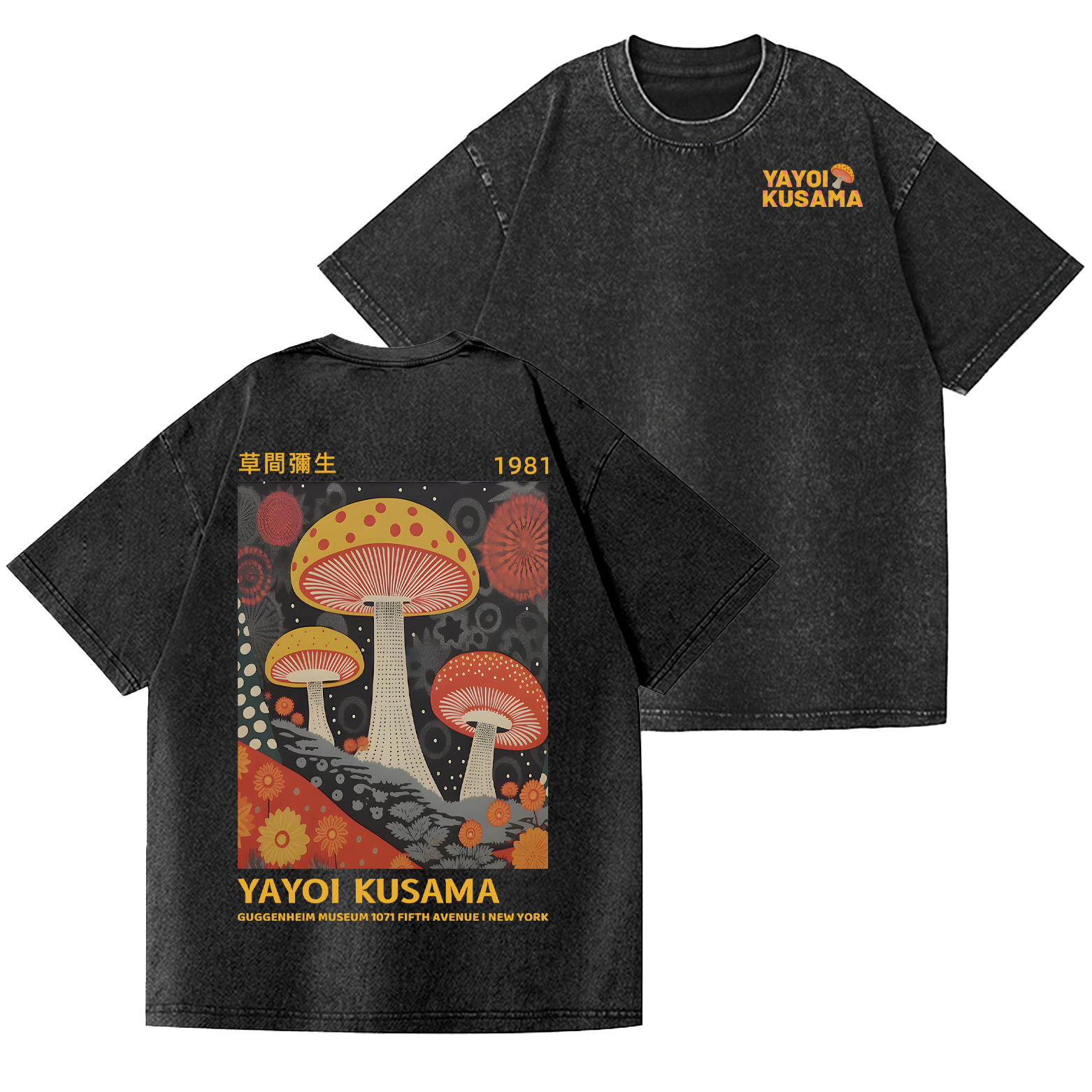 Yayoi Kusama Mushroom Vintage Wash Japanese Design Back Art T-Shirt