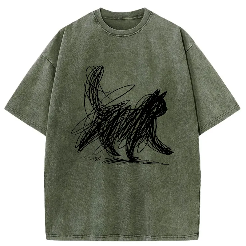 Unisex Minimalist Cat Art Washed T-Shirt