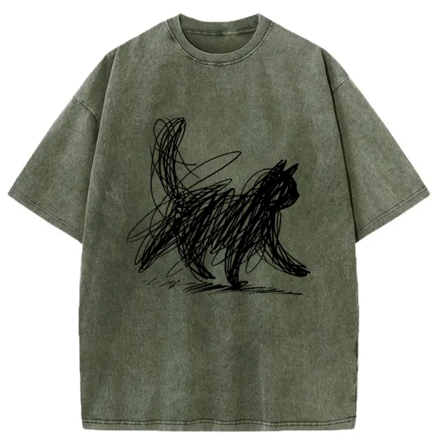 Unisex Minimalist Cat Art Washed T-Shirt